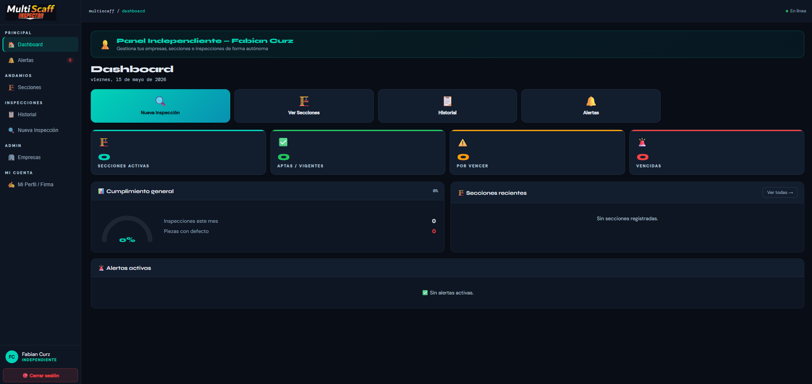 Dashboard MultiScaff Inspector con KPIs de equipos activos, próximas inspecciones, alertas y equipos por vencer