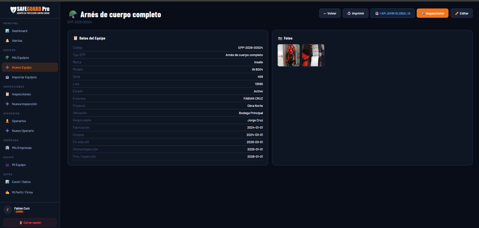 Ficha de equipo SafeGuard con datos, ubicación y vencimientos