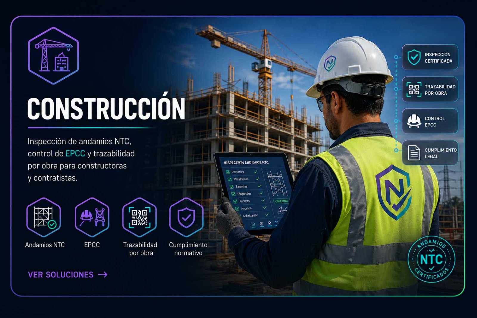 Obra de construcción con andamios certificados y trabajadores en altura